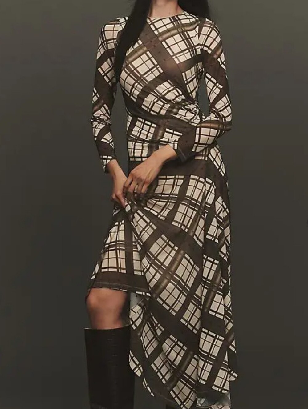 Anthropologie Olive and Cream Plaid Long-Sleeve Wrap Dress